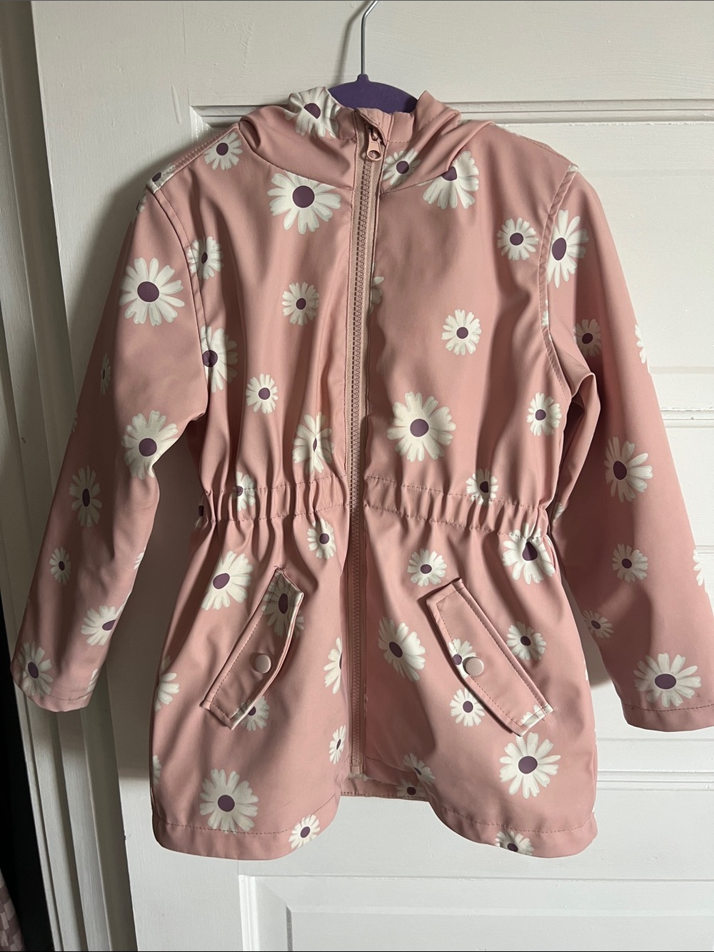 Girls' Pink Daisy Hooded Raincoat with Elastic Waist